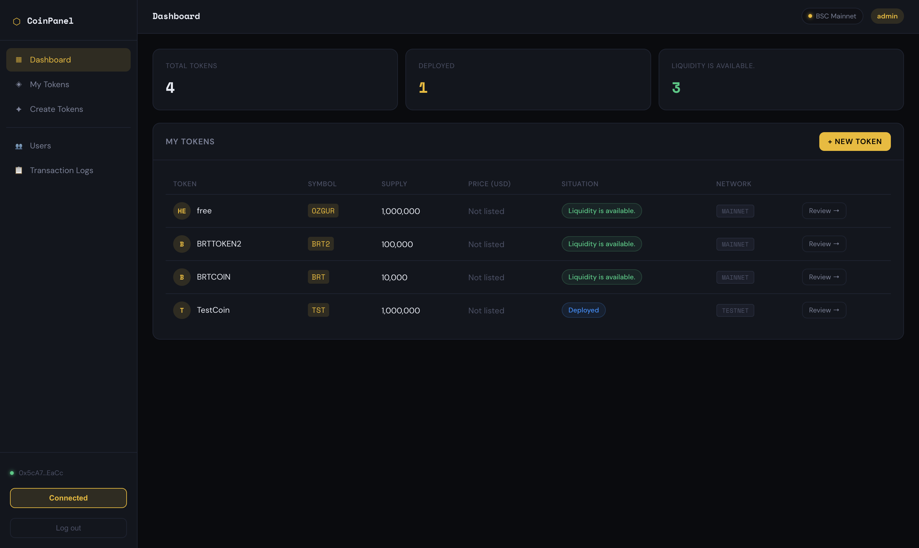 CoinPanel – Gerçek Zamanlı Kripto Token ve Likidite Yönetim Paneli